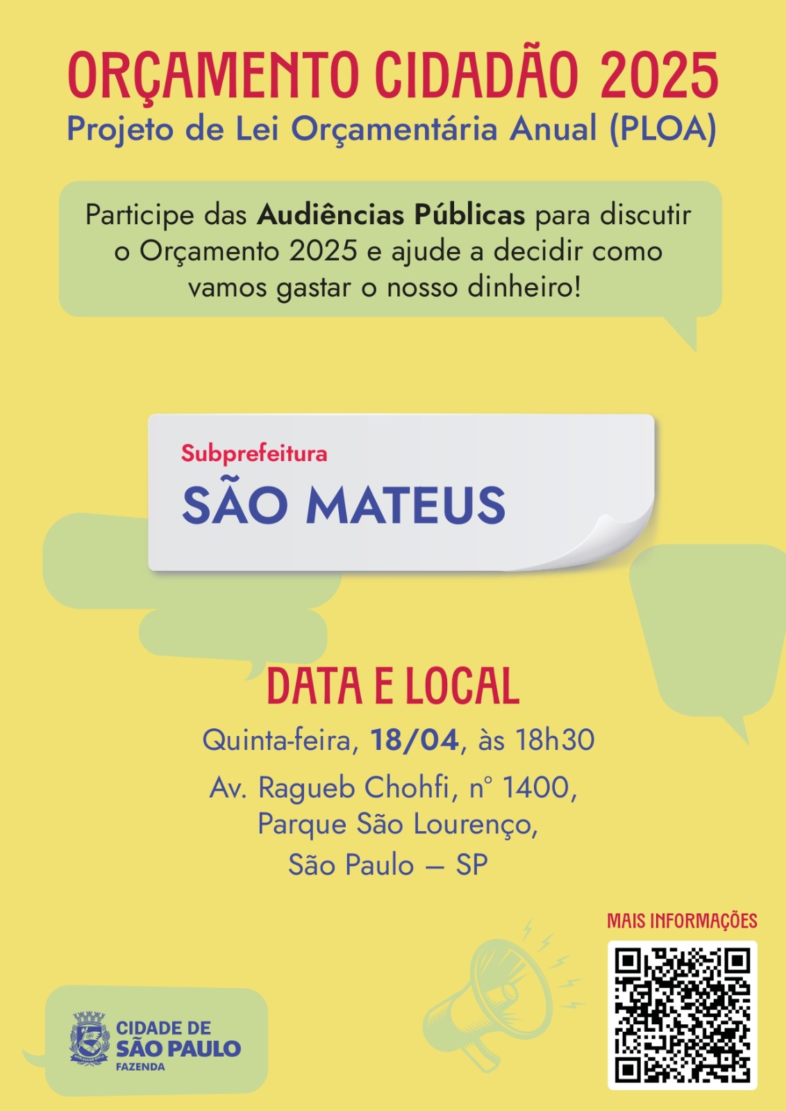 Cartaz com fundo amarelo letras vermelhas e azuis. resume as informações constantes no texto sobre o Orçamento Cidadão.